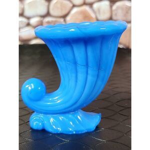 Vtg Blue Slag Glass Akro Agate NYC Vogue Merc Co. Toothpick Holder Cornucopia